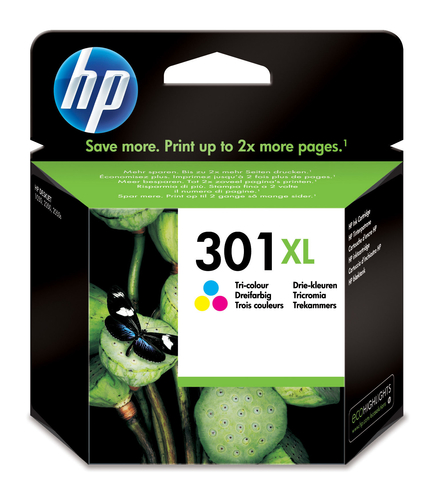 HP 301XL - 6 ml - Alta resa - colore (ciano, magenta, giallo) - originale - cartuccia d'inchiostro - per Deskjet 1050A J410, 1051A J410, 10XX, 10XX J410, 15XX, 2000, 2050 J510, 2050A J510, 2054A J510, 25XX, 3000, 3050 J610, 3050A J611, 3052A J611, 3054A J611, 3055A J611, 3057A J611, 3059A J611, 3510; Envy 450X, 553X; Officejet 26XX, 46XX