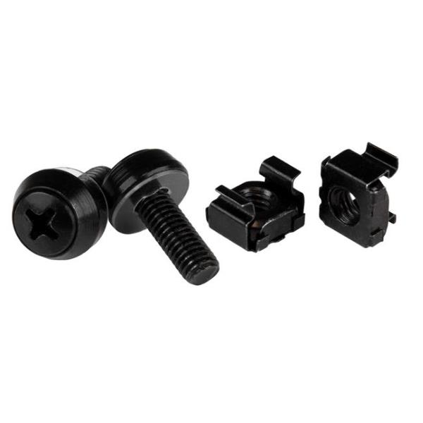 StarTech.com Viti e Dadi in Gabbia per Rack 19" e 10" con Fori Quadrati; Kit con Viti M6 da 12mm, Dadi e Rondelle; Utensile Incluso, Nero, Confezione da 50, Vite, Nero, 50 pz, 230 g