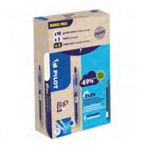 Penna gel a scatto Pilot B2P Begreen 0,7 mm blu, confezione Green Pack da 10 penne e 10 refill