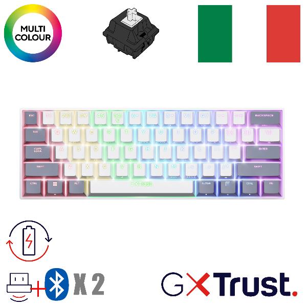 Trust GXT 873 Acira, Wireless, Bluetooth, Interruttore a chiave meccanica, QWERTZ, LED RGB, Bianco