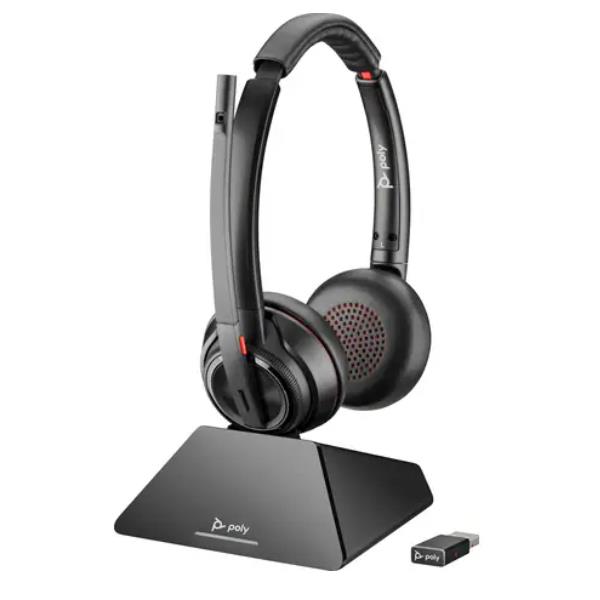 Poly Savi 8220 - Savi 8200 series - cuffie con microfono - over ear - DECT / Bluetooth - senza fili - eliminazione rumore attivata - USB-A tramite adattatore Bluetooth - nero - Certificato per i team Microsoft, certificato UC