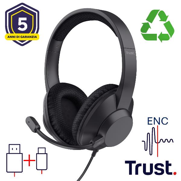 Trust Ayda Max, Cablato, Musica e Chiamate, 20 - 20000 Hz, Auricolare, Nero