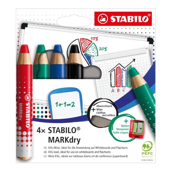Matitoni MARKdry per lavagne - con temperino e panno microfibra - Stabilo - astuccio 4 pezzi