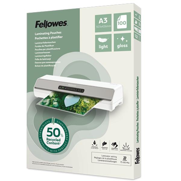 Pouches riciclate - A3 - 2x80 micron - Fellowes - scatola 100 pezzi