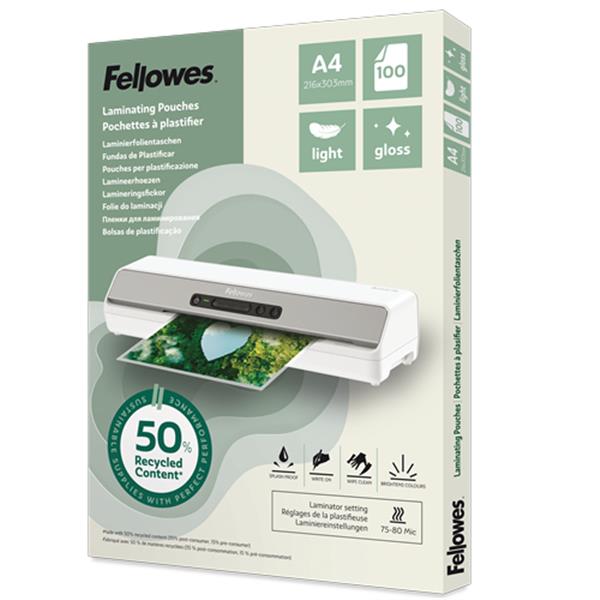 Pouches riciclate - A4 - 2x80 micron - Fellowes - scatola 100 pezzi