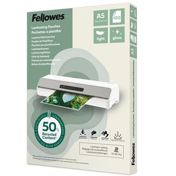 Pouches riciclate - A5 - 2x80 micron - Fellowes - scatola 100 pezzi