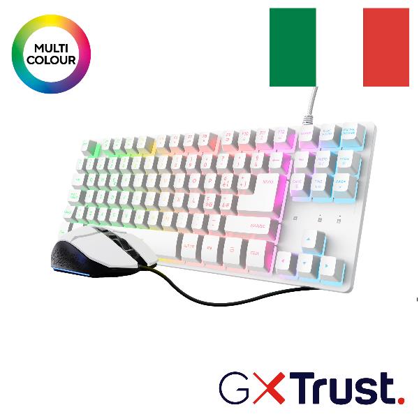Trust GXT 798W, Cablato, USB, Interruttore a chiave meccanica, QZERTY, LED RGB, Bianco