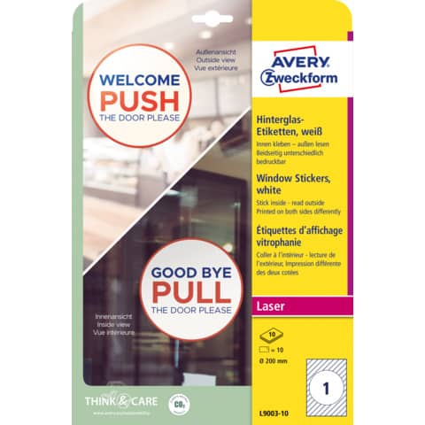 Etichette adesive per finestre - in carta - con pellicola - laser - rimovibili - diametro 200 mm - 1et/fg - 10 fogli - bianco - Avery