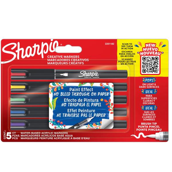 Marcatore acrilico - punta a pennello - colori assortiti - Sharpie - conf. 5 pezzi