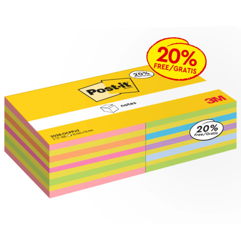 Blocco foglietti Post-it Cubo - 2028-0CPPX2 - 76  x 76 mm - colori assortiti neon/pastel - 450 fogli - Post-it - conf. 2 blocchi