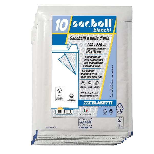 Busta imbottita Sacboll - CD (20 x 22 cm) - carta - bianco - Blasetti - conf. 10 pezzi