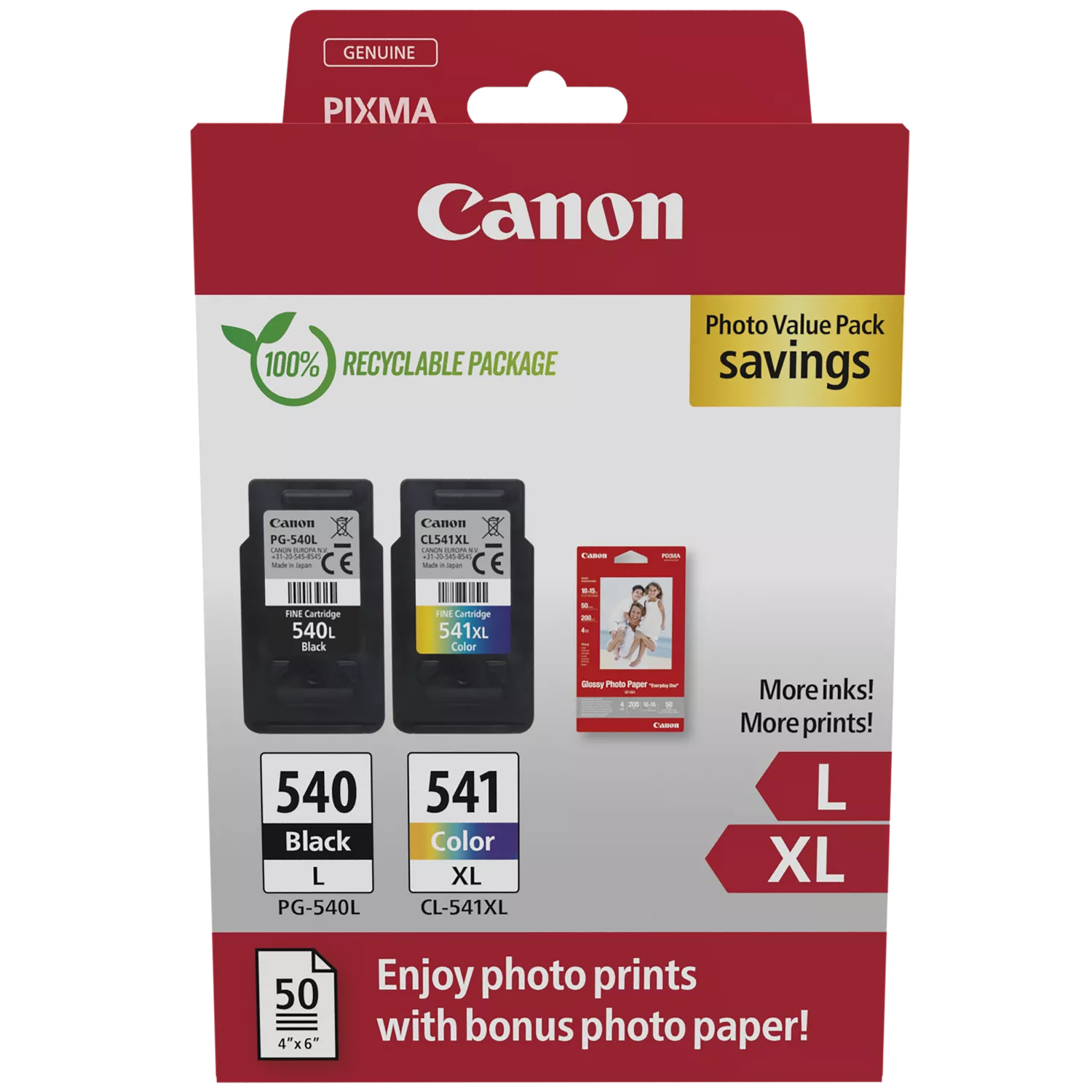 Canon PG-540L/CL-541XL Photo Value Pack - Lucido - confezione da 2 - Alta resa - nero, colore (ciano, magenta, giallo) - originale - confezione da appendere - kit cartuccia inchiostro / carta - per PIXMA MG3250, MG3550, MG3650, MG4250, MX395, MX455, MX475, MX525, MX535, TS5150, TS5151
