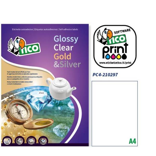 Etichette adesive PC4 - in poliestere - laser - permanenti - 210 x 297 mm - 1 et/fg - 100 fogli - trasparente - Tico