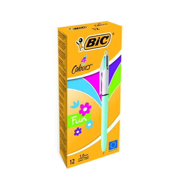 Penna a sfera a scatto multifunzione 4 Colours Fun  - punta 1,0mm - rosa, verde chiaro, turchese, viola - Bic - conf. 12 pezzi