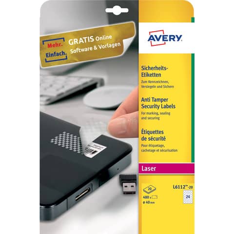 Etichette adesive L6112 - permanenti - per stampanti laser - antimanomissione - diametro 40 mm - 24 et/fg - 20 fogli A4 - poliestere - bianco - Avery