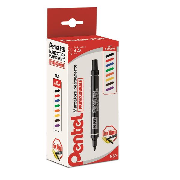 Marcatore permanente N50 - punta tonda - astuccio 8 colori assortiti - Pentel