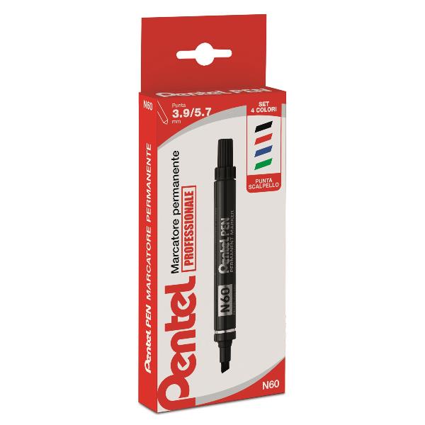 Marcatore permanente N60 - punta scalpello  - astuccio 4 colori assortiti - Pentel