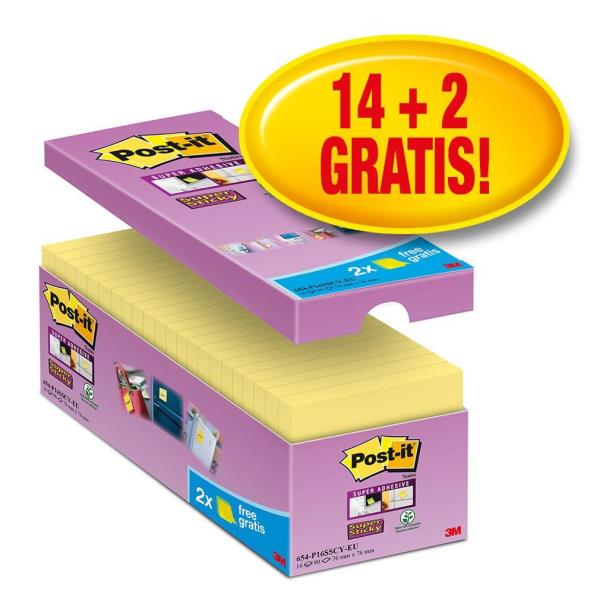 Blocco foglietti Post-it Super Sticky - 654-SSCY-VP16-EU - 76 x 76 mm - giallo Canary - 90 fogli - Post-it - conf. 16 blocchi
