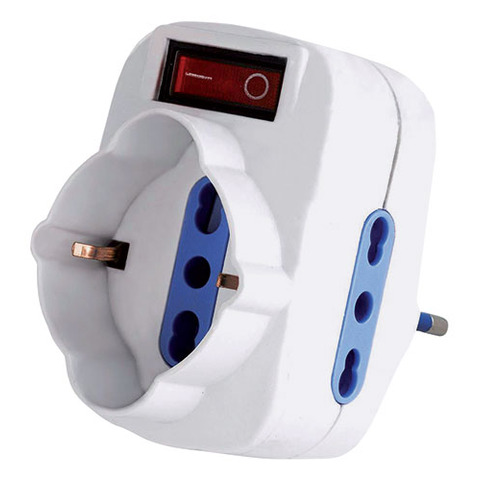 Adattatore rotante con interruttore - 2 prese bipasso 2P+T 10/16A + 1 presa Schuko - MKC