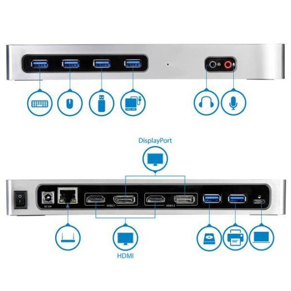 StarTech.com Dock USB-C e USB-A - Dock doppio monitor DisplayPort + HDMI 4K 60Hz - Docking station ibrida USB 3.0 per laptop USB-C o USB-A - 6x USB Type-A, GbE - USB 3.1 Gen 1 - Mac/Window - Docking station - USB-C / Thunderbolt 3 - 2 x HDMI - GigE - per P/N: ARMBARDUO, ARMBARDUOV, ARMDUAL30, ARMDUALV, ARMSLIMDUO, DK30ADD, SVA20N2NEUA, TB33A1C