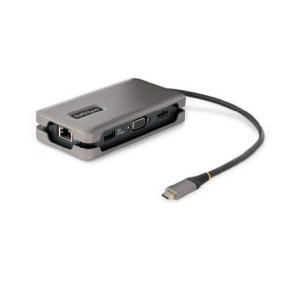 StarTech.com USB-C Multiport Adapter, HDMI/VGA, 4K 60Hz Video, 3-Port USB Hub, 100W Power Delivery Pass-Through, GbE, USB Type-C Travel Dock w/ Charging, 1ft/30cm Wrap-Around Cable - Mini Laptop Docking Station (DKT31CVHPD3) - Docking station - USB-C - VGA, HDMI - GigE - 16 Watt