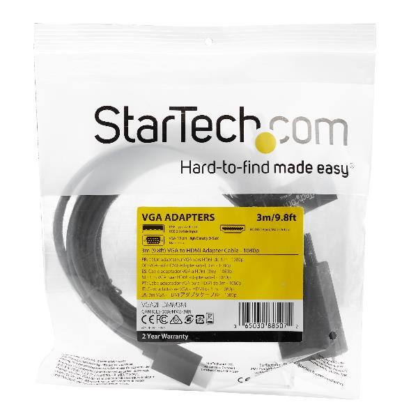 StarTech.com Cavo adattatore da VGA a HDMI da 3 m - Alimentazione via USB - 1080p -Convertitore attivo VGA (M) a HDMI (M) (VGA2HDMM3M) - Cavo adattatore - USB, HD-15 (VGA) maschio a HDMI maschio - 3 m - nero - attivo, supporto 1080p, Alimentazione USB + audio