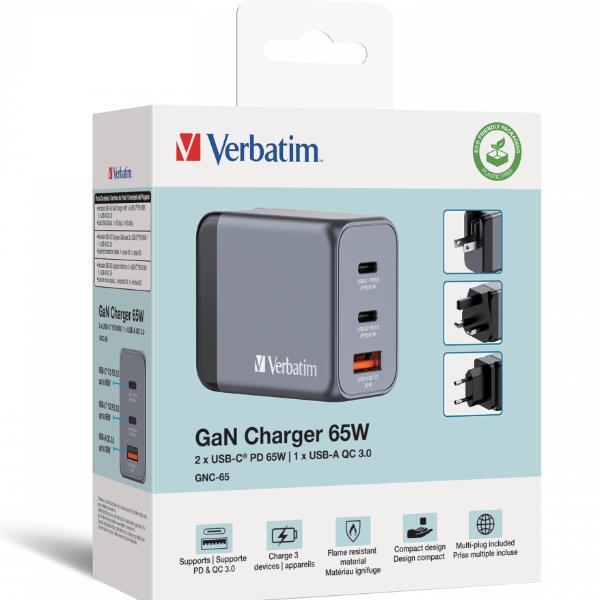 Verbatim - Alimentatore - GaN - 100-240 V c.a. V - 65 Watt - connettori di uscita 3