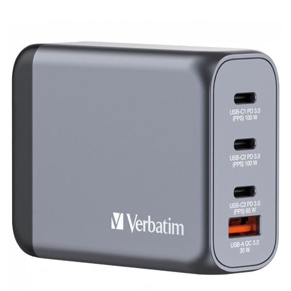 Verbatim - Alimentatore - GaN - 100 Watt - 5 A - PD 3.0, QC 3.0, PD/PPS - 4 connettori di uscita (USB, 3 x USB-C)