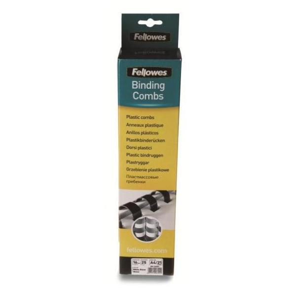 Fellowes - 12 mm - 21 anelli - A4 (210 x 297 mm) - 80 fogli - nero - 25 pezzi pettine per la rilegatura in plastica - per Fellowes Galaxy 500, Orion 500, Pulsar+ 300, Quasar+ 500, Star 150, Starlet 2, Starlet 2+